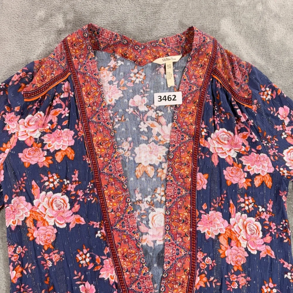 Matilda Jane Kimono Women XS/S Blue Floral Metallic Bell Sleeve Cardigan Wrap